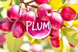 sign: "PLUM", cirmogó pici szilva, puszilva, élethű akvarell napfényben