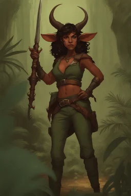 A DnD character. A female horned Tiefling ranger in a jungle. The Tiefling has a little dinosaur on her shoulder and a rapier in her hand.