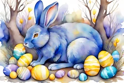 A blue rabbit with yellow eyes curled up on the ground among easter eggs and branches of trees. A vibrant watercolor painting in the style of alcohol oil ink