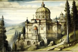 schita cu tema manastirea voronet, incadrata bine in rama , si coloreaza cu acuarela , hasurat cu linii fine , cu mare acuratete si contrast , stil gravura pe metal