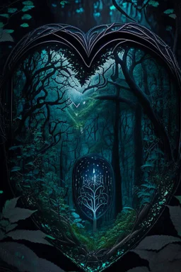 dark fantasy, intricate cover, a whimsical fairytale, heart made of glass with dark forest inside