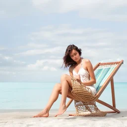 mujer sentada en una hamaca de madera en la playa, fotografía real, fotografía realizada con un cámara Fuji y objetivo de 35mm