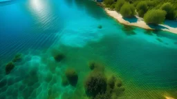 paysage avec reflet du soleil dans de l'eau turquoise de la mer vu par dessus