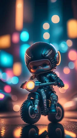 A cute Kawaii tiny hyper realistic baby robocop riding mini harley davidson, wearing bikers clothes with freestyle action, night of cyberpunk city background. wide angle full body, 8k, Cinematography, photorealistic,epic composition Unreal Engine,Cinematic, Color Grading, Portrait Photography,Ultra-Wide Angle, Depth of Field, hyper detailed