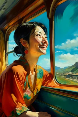 Neoclassicism japanese woman looking at window smiling to sky in train realistic cote d'azur painting colorfull