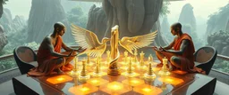 alien levitating yoga monk wrestlers chess masters playing serious glowing chess on hex map in lounge on beautiful lush planet with huge transparent bird glass alien chess pieces of ships in fountain, also an endless twisted god piece, one of the players is wrestling a piece, floating chess board