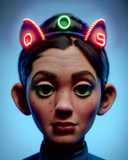 Waist up portrait, hybrid character, waitress British woman with classic muppet mask that covers her entire head and face, Sesame Street style, latex dress, short shirt, old school tattoo, hot, smooth, unreal engine 5, god lights, ray tracing, neon, RTX, lumen lighting, ultra detail, volumetric lighting, 3d.