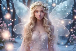 pretty snow fairy, sweet face, long blond hair, crown of white flowers and crystals, transparent wings, softness, kindness, fireflies and sparks of light, in the background of pink trees 4k, magical atmosphere, sweetness