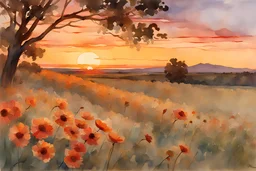 Amazing beautiful sunset, flowers, prairie, mountains, trees, epic, winslow homer watercolor paintings