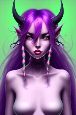 cute purple haired devil girl with bright green eyes and black horns on her head wearing a purple/pink dress