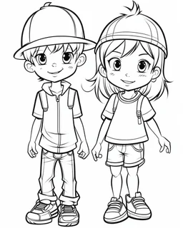 girl with boy cartoons coloring pages , no black color, no no flower, b/w outline art for kids coloring book page, Kids coloring pages, full white, kids style, white background, whole body, Sketch style, full body (((((white background))))), only use the outline., cartoon style, line art, coloring book, clean line art, white background, Sketch style