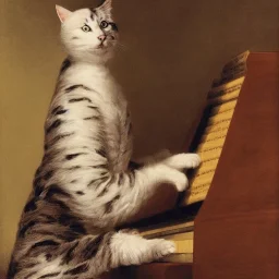 A cat that looks like Wolfgang Amadeus Mozart is playing Piano. Background Music notes are dancing. Immpressionism