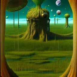 An odd swamp landscape with odd beings surreal telescope-like beings abstract Max Ernst style