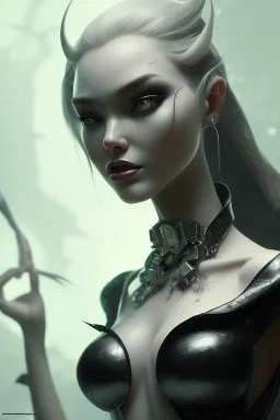 Mari Blanchard in black leather gown, evil,energetic, villain, busty, cleavage, curvy, angry, happy, stern look. character design by cory loftis, fenghua zhong, ryohei hase, ismail inceoglu and ruan jia. unreal engine 5, artistic lighting, highly detailed, photorealistic, fantasy