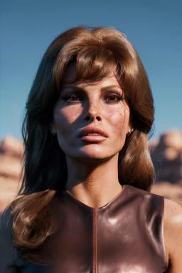 Portrait, young Raquel Welch, natural busty, prehistory leather dress, desert, Ultra realistic, prehistory style, wide angle view, soft color, highly detailed, unreal engine 5, ray tracing, RTX, lumen lighting, ultra detail, volumetric lighting, 3d, finely drawn, high definition.