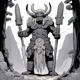 [mexican comics Head Lopper style by Andrew MacLean] Borak, a towering tauren chieftain, wields an ancient totem pole with sacred carvings. Surrounded by spiritual energy, he calls upon the power of the Earth Mother to protect his people.