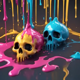 ((gooey melting skull)), 3d animation style, whimsical fluid form, ((dripping)), yellow, blue, pink goop drizzle, adorable and cute, photorealistic cg, 3D concept art, colour gradient background, playful, soft smooth lighting, highly detailed, stylised and expressive, sharp, wildly imaginative, skottie young, bold, neon graffiti, (pop surrealism), multi coloured coloured sprinkles, pop candy toppings , smooth texture, cgsociety, Maya render, ray tracing, studio light, magical