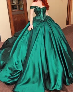 princess with long auburn hair green eyes wearing a big teal green and gold satin ballgown corset off shoulder top casting magic