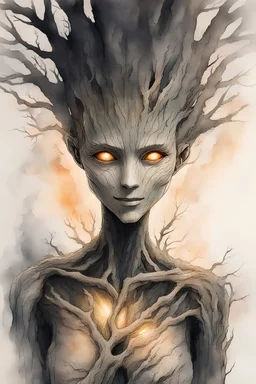 tree woman, groot, female, glowing eyes, fissures in their flesh, from which faint light shines, create a warm glow, created in inkwash and watercolor, art style of Gege Akutami