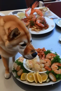 doge eating a shrimp platter