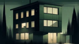 A digital painting of a modern house at night, with a minimalist design and a muted color palette. The house is composed of several rectangular blocks of varying heights, creating a staggered, asymmetrical silhouette against the dark sky. The walls are a textured, greenish-gray color, with subtle variations in tone that suggest a weathered or aged surface. Several windows are visible, each emitting a warm, golden light that contrasts with the cool tones of the exterior. The windows are simple an