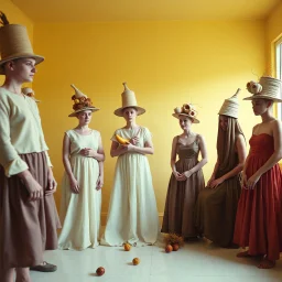 Flash photo of a room, a senseless jumble of bodies, wearing absurd hats and other senseless clothes, and dried fruit, odd objects, in a bright, featureless, yellowish-white room, surreal characters in real life. Details of their skin and dresses very accentuated. 8k, fine focus, funny