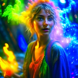 paint splatter, photorealism, a russian hippie pixie hovering in the underground grove glowing light, in the style of italian masters, 8k, down-light, soft light, depth of field, photo realism, trending on art station, high detail, smoke and fog