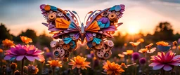 As the sun sets on afelt garden, a mechanical crord of butterfly takes flight, its wings a blur of gears and mechanisms, landing gracefully on a vibrant, origami otherworldly flower, sunset beams
