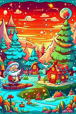 Illustrate a Christmas cartoon scene with fine deem color, fine color