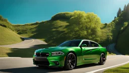 A sleek (((a cross of dodge charger and BMW))), on street, with green hill and trees around, and clear blue sky, 4K, Superdetailed, No mistakes
