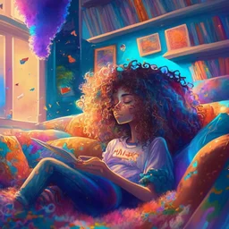 A beautiful girl with curly hair is sitting on the sofa in her room and her beautiful and colorful dreams are flying around the room. A room full of joy and passion and color, digital art, anime, 4k, full details, high resolution