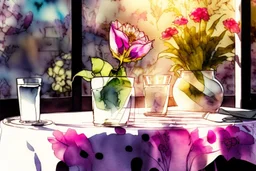 A table in a nice restaurant next to the window, meal, wine and flower on it, melting watercolor and black ink outlines on wet paper, soft, shading strokes, in sunshine, ethereal, otherwordly, cinematic postprocessing, bokeh, dof