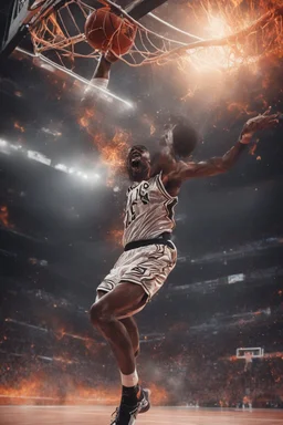 8k, highly realistic and detailed image of a NBA basketball player in action dunking the ball in the net, sweaty hair, screaming look,action and smoke and flames background