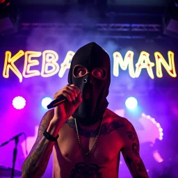 a very thin swedish man, with a skimask with only a hole for the mouth (no eyes), he is called "KEBAB MAN" performing at death metal club, his name is "KEBAB MAN" kebab rolls On stage, kebab Neon lights and smog, and "KEBAB MAN" big sign on the wall, kebab tribal tattooes, spinning kebab machines, flames and smoke, chaos, he singing with mic,