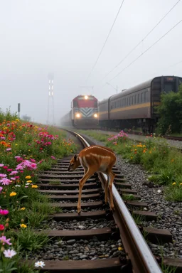 a train tracks in it a lot of colorful wild flowers , a train shows is coming forward , foggy, cloudy gray sky, and thunders , a side view of a dear legs sticks in the train tracks and can not move