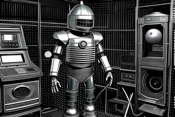 smoldering manhood & machismo attack starfleet command outpost 1950's era wifi scifi ufo space themed tv show hero & crew battle army of monstrous fiend chrome finished space alien robot with hollow aluminum tubing for limbs. work gloves for hands. glowing television screen for head/face. for torso cardboard box sprayed silver