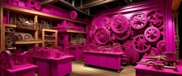 A purplish fuchsia workshop with working gears painted by Frank Lloyd Wright