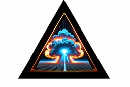 a nuclear explosion cloud, behind an orange glowing omega like shape, all inside an equilateral triangle like a doorway to a different world, radiant lines, psycodelic CGI special effects