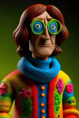 a figurine of a person wearing a sweater, john lennon, inspired by Ron English, made out of wool, high detail iconic character, john lennon, inspired by Wes Wilson, made of wool, toy art, 1968 psychedelic, claymation character, aardman, detailed portrait shot, as a claymation character, insanely super detailed, 3d, 8k, cinematic, complex details