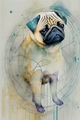 Abstract wet watercolour of a pug, ink lines, interlinked circles,