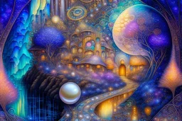 an intersection in time of nature and technology, cream pearl indigo silver crossroads by josephine wall, android jones, victo ngai, ink on paper, acrylic, airbrush 128k uhd unreal engine 5, pi, fractal, fbm