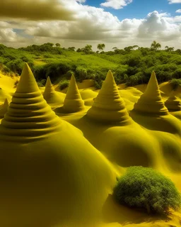 A yellow dunes near a Brazilian city designed in Hawaiian tiki statues painted by Alfred Sisley