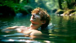 Young teen boy floating in water, relaxing, wearing short shorts, eyes closed, curly hair, full lips smiling, aesthetic physique, cute face, shirtless torso, warm skin tone, flawless skin, small nipples, thick curly hair, arms posed behind head, koi fish below surface, full body, forest background, low camera angle, calm clear water, dreamy atmosphere, high resolution,