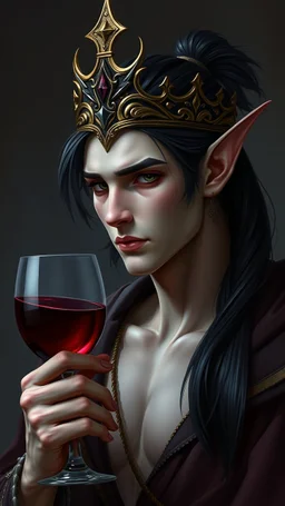 male elf with skin, black hair in a ponytail, wearing a crown and holding a goblet of wine. dark fantasy