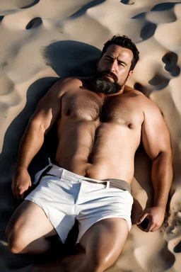 full figure shot photography of a tired strong muscular chubby burly 36 years old ugly turkish carpenter, big nose, bullneck, long goatee, short hair, shirtless, manly chest, white shorts, bulge, emotive eyes , lying down relaxed belly up, on the beach in the sun, big shoulders, side light, sweat and wet, top view, aerial view