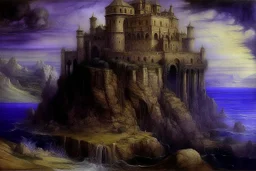 A violet castle of mystery painted by Leonardo da Vinci