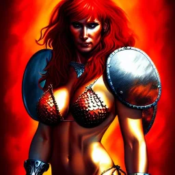 ultra detailed portrait of beautiful Red Sonja Riding a Great Tiger and wearing a bikini plate armor, extremely detailed digital painting, extremely detailed face, in the style of pablo oliveira,mystical colors, rim light, beautiful lighting, 8 k, stunning scene, raytracing