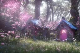 a cute flowering fairy house pink and blue in the forest, spring time, 8k, flickering light, centered, high-quality, fine-detail, digital art, detailed matte, volumetric lighting, illustration, 3D octane render