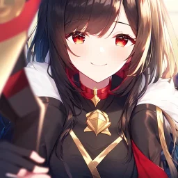 Clear Focus, High resolution, black medium fluffy hair, red eyes, wearing a red collar, wearing a black shirt that is half black and half gold, one sleeve is golden and the other is black, wearing a short black skirt with gold at the bottom, black fingerless gloves, long golden stockings, smiling, extreme close up