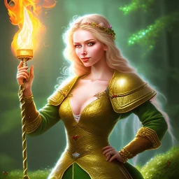 romantic fantasy spray painting, portrait of cute smiling green eyed blonde robed bard poet with cute ornament,sitting in burning swing, loosing torch in magical forest